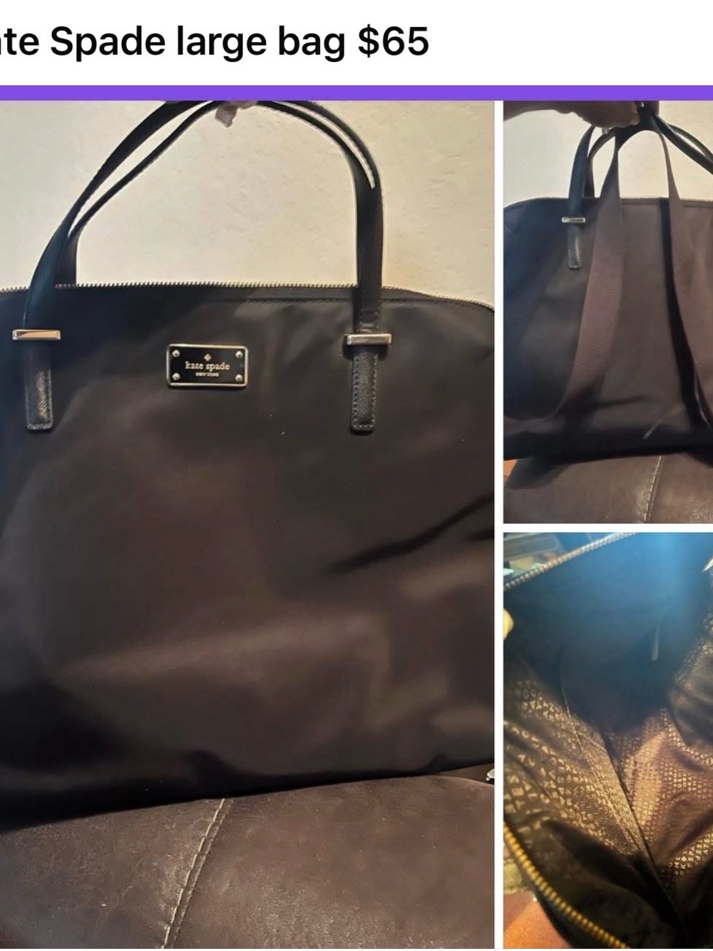 kate spade black tote with leather trim